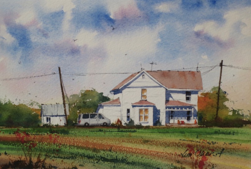 landscape, farm, farmhouse, ohio, midwest, house, watercolor, oberst